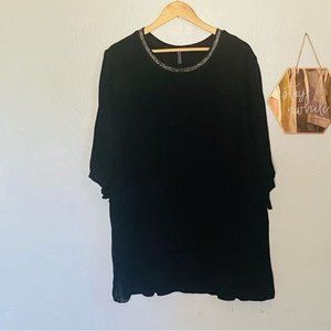 Free| quent Black Sheer Silk Like Flowy Tee with Silver Neck Size XXL